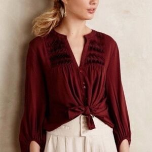 Anthropologie Maeve Shirred Button Front V-Neck Blouse in Maroon | Size 0